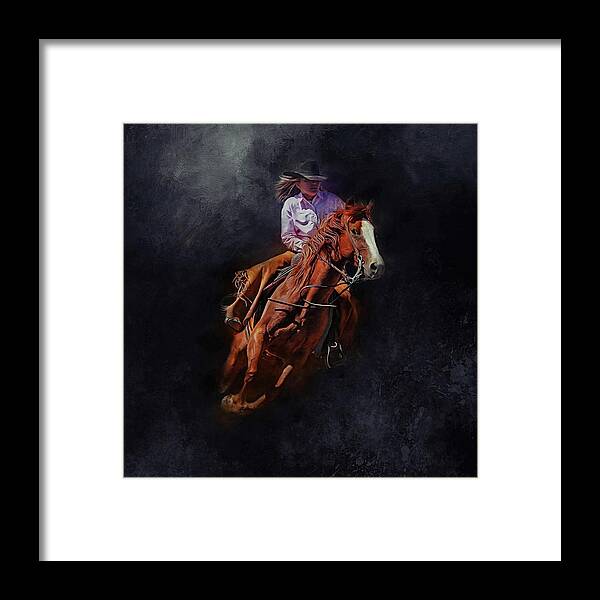 Cowgirl Framed Print featuring the mixed media Midnight Rider by Kathy Kelly