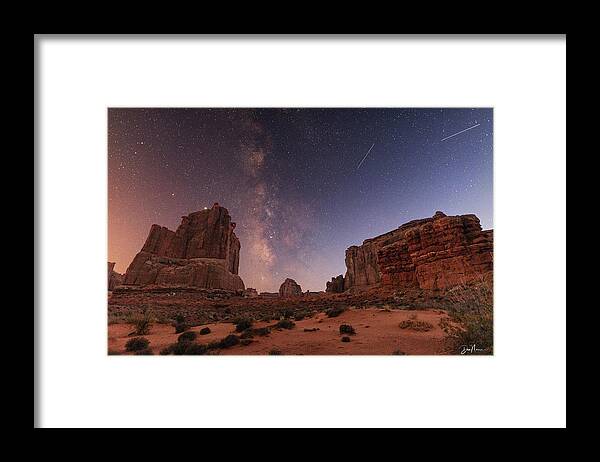 Night Milky Way Arches National Park Moab Utah Southwest Canyonlands Colorado Plateau Courthouse Towers Framed Print featuring the photograph Milky Way and Meteors by Dan Norris