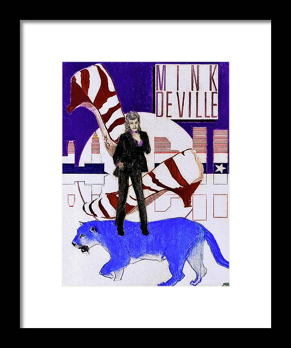 Willy Deville Framed Print featuring the drawing Mink DeVille - Le Chat Bleu by Sean Connolly