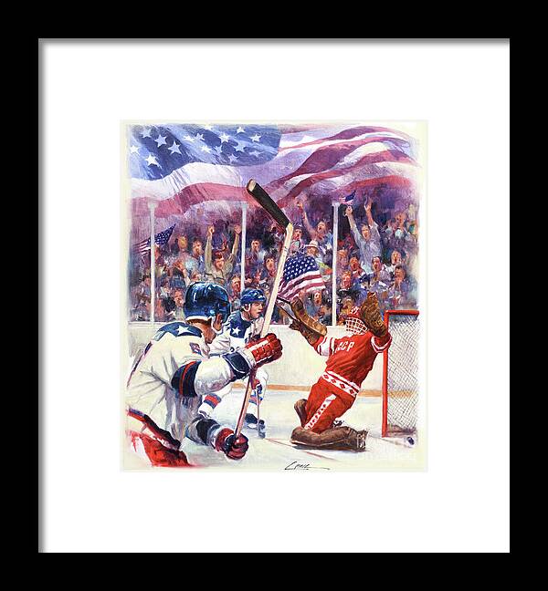 Dennis Lyall Framed Print featuring the painting Miracle On Ice - USA Olympic Hockey Wins Over USSR by Dennis Lyall