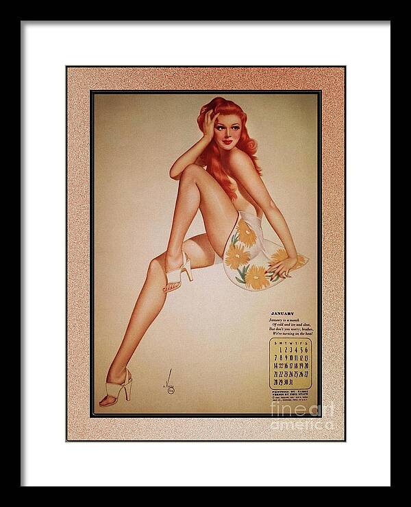 Miss January Framed Print featuring the painting Miss January Varga Girl 1944 Pin-up Calendar by Alberto Vargas Vintage Pin-Up Girl Art by Rolando Burbon