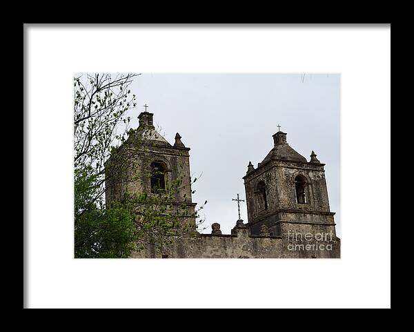 Historical Photograph Framed Print featuring the photograph Mission Concepcion Towers and Cross by Expressions By Stephanie