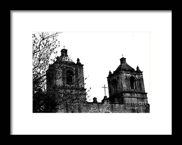 Historical Photograph Framed Print featuring the photograph Mission Concepcion Towers in Black and White by Expressions By Stephanie