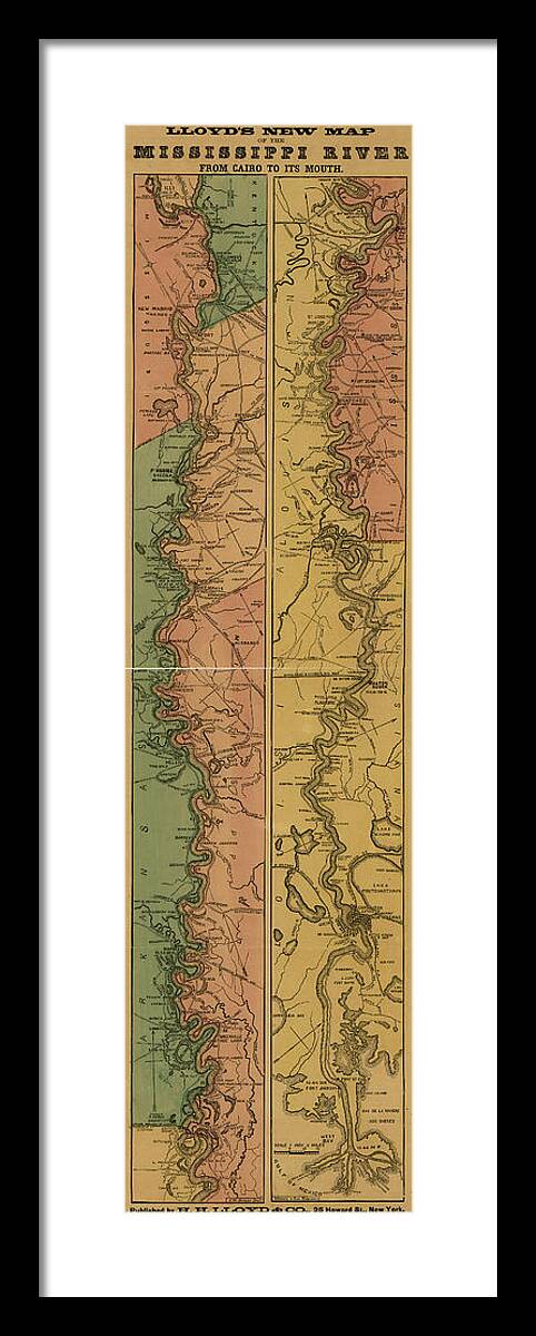 Cartographic Framed Print featuring the drawing Mississippi River from Cairo to its mouth 1863 by Vintage Maps