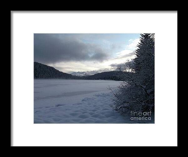#alaska #juneau #ak #cruise #tours #vacation #peaceful #aukelake #snow #winter #cold #postcard #morning #dawn Framed Print featuring the photograph Mist on a frozen lake by Charles Vice