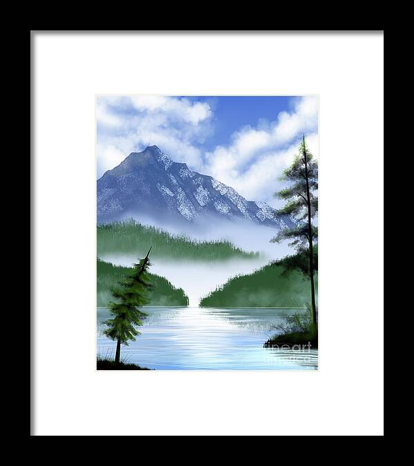 Landscape Framed Print featuring the digital art Misty Forest Lake by Rohvannyn Shaw