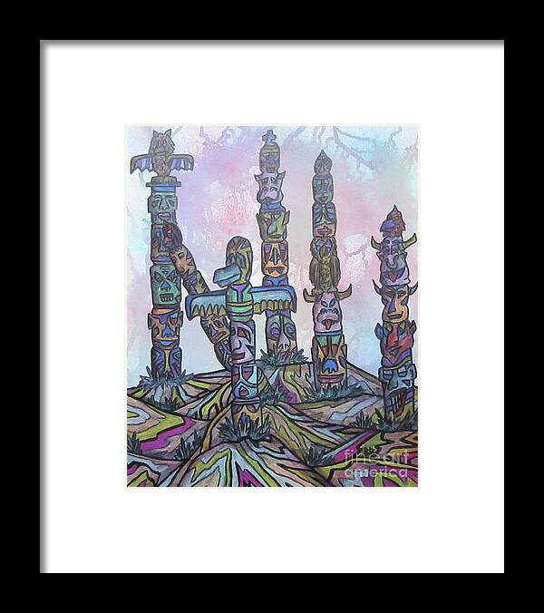 Totems Mixed Media Abstract Lobby Purse Bag Towel Cushion Mask Framed Print featuring the mixed media Misty Totems by Bradley Boug
