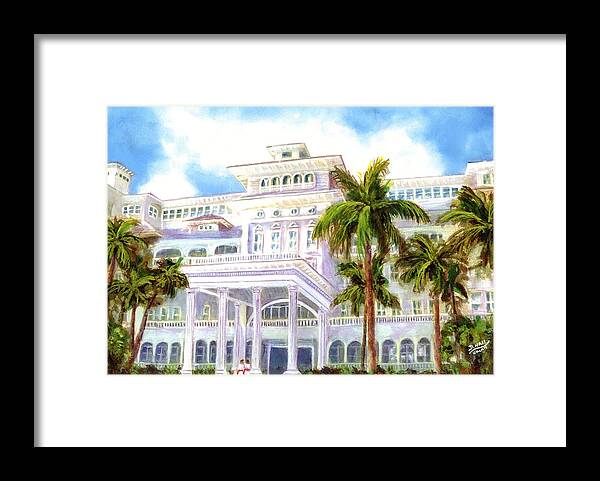 Moana Surfrider Hotel Framed Print featuring the painting Moana Surfrider Hotel on Waikiki Beach #206 by Donald K Hall