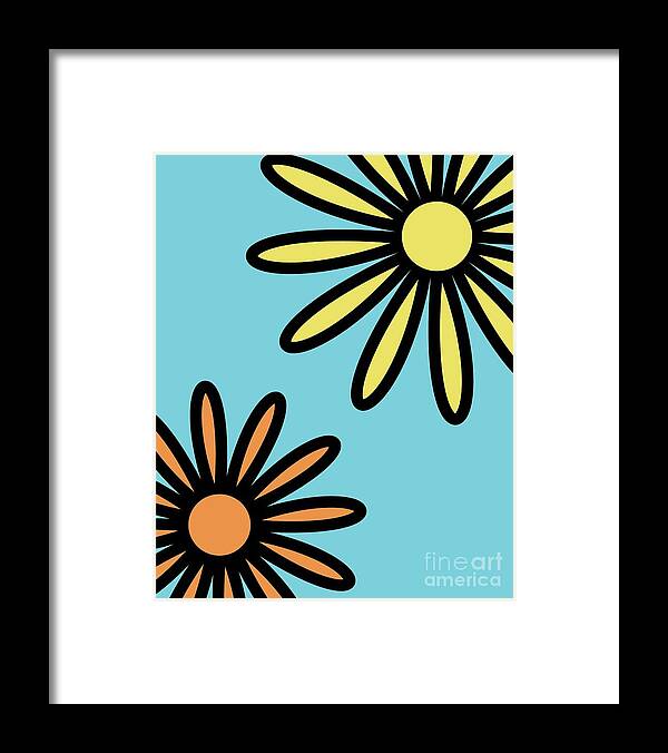 Mod Framed Print featuring the digital art Mod Flowers 2 on Blue by Donna Mibus