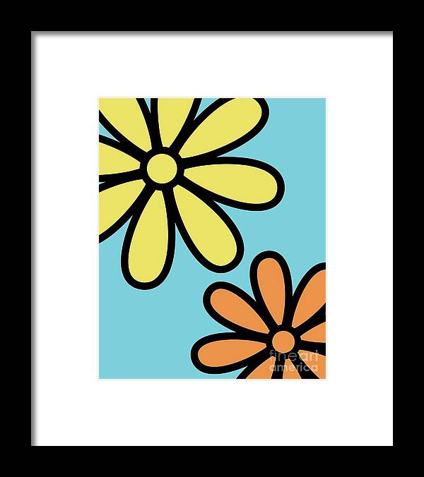 Mod Framed Print featuring the digital art Mod Flowers 3 on Blue by Donna Mibus
