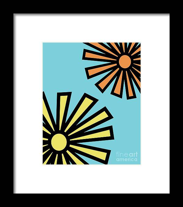 Mod Framed Print featuring the digital art Mod Flowers 4 on Blue by Donna Mibus