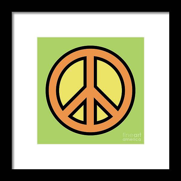 Mod Framed Print featuring the digital art Mod Peace Symbol on Green by Donna Mibus
