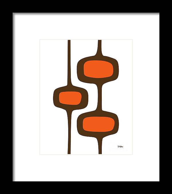 Mid Century Shapes Framed Print featuring the digital art Mod Pod 2 Orange and Brown on White by Donna Mibus