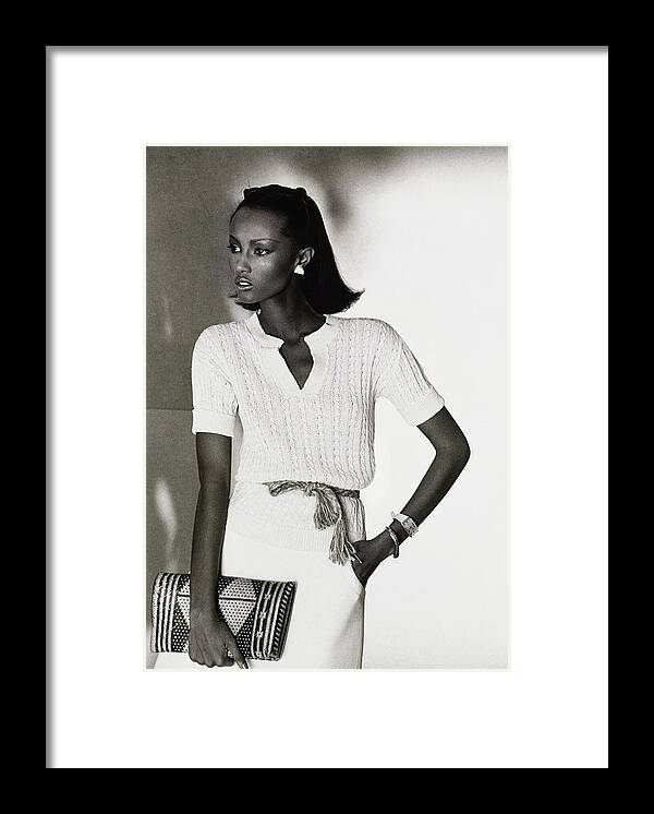 Accessories Framed Print featuring the drawing Model Iman In A Pierre Cardin Pullover and Skirt by Kourken Pakchanian