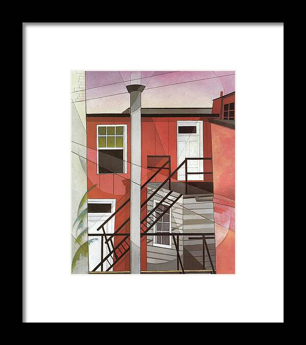 Red Facade Building Framed Print featuring the painting Modern conveniences - outer staircase and red facade by Charles Demuth