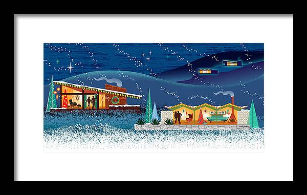 Mid Century Framed Print featuring the digital art Modern Houses Christmas Scene by Diane Dempsey