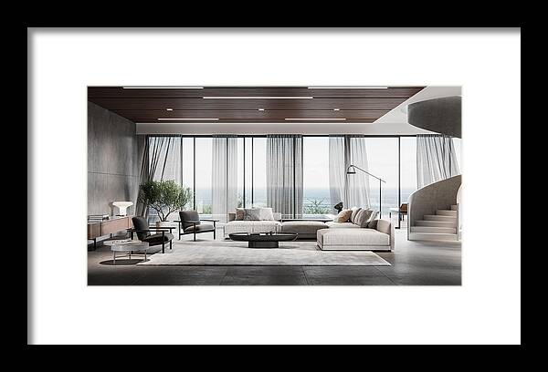 Steps Framed Print featuring the photograph Modern living room in 3d by Alvarez