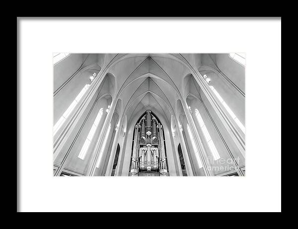 Reykjavik Framed Print featuring the photograph Modern lutheran church in Reykjavik, Iceland by Delphimages Photo Creations