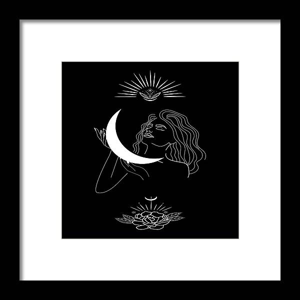 Woman Body Framed Print featuring the drawing Modern minimalist female line drawing, woman holding crescent, mythology and mystical illustration by Mounir Khalfouf