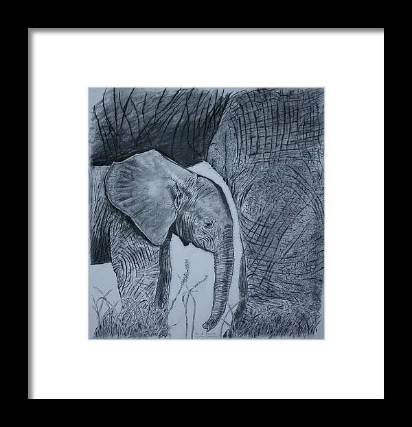Elephants Framed Print featuring the drawing Mom's Shadow by David Joyner