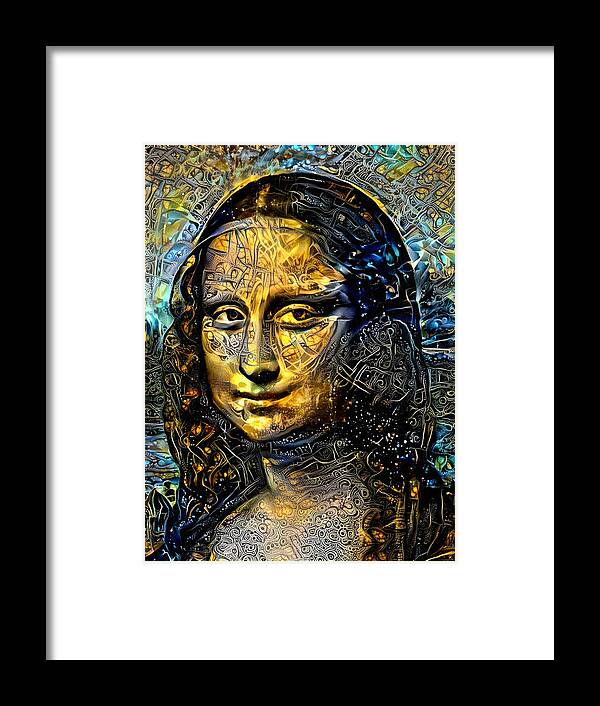 Mona Lisa Framed Print featuring the digital art Mona Lisa by Leonardo da Vinci - golden night design by Nicko Prints