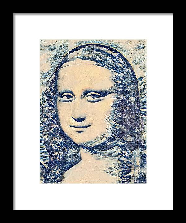 Mona Lisa Framed Print featuring the digital art Mona Lisa in the style of the Great Wave off Kanagawa - digital recreation by Nicko Prints