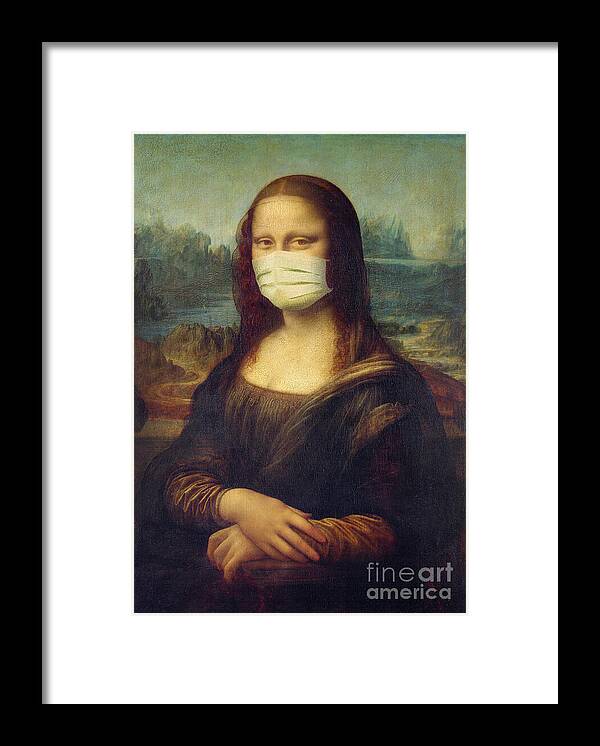 Mona Lisa Framed Print featuring the painting Mona Lisa wearing a mask by Delphimages Photo Creations