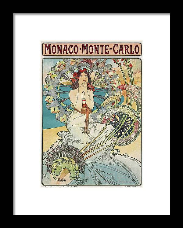 Posters For Sale Framed Print featuring the painting Monaco Monte Carlo 1897 Mucha Art Nouveau Poster by Vincent Monozlay