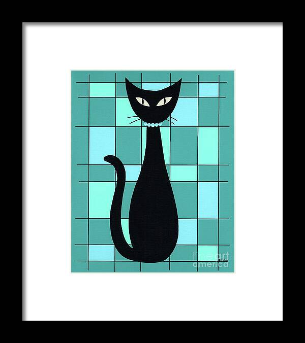 Mid Century Modern Cat Framed Print featuring the painting Mondrian Cat in Blue, Green and Teal by Donna Mibus