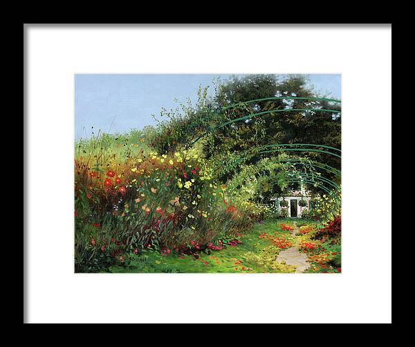 Monet Garden Trellis Oil Painting Canvas Bright Colors Green Yellow Giverny Floral Flowers Home Claude Monet France Framed Print featuring the painting Monet's Garden Trellis by Cecilia Brendel