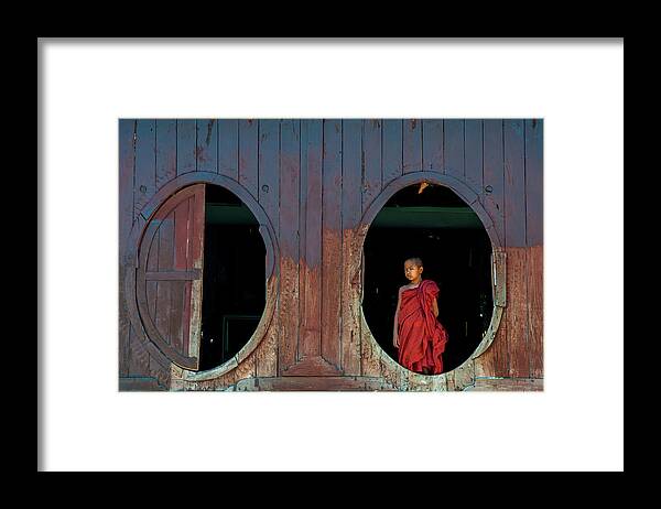 Monk Framed Print featuring the photograph Monk at Shwe Yan Pyay Monastery by Arj Munoz