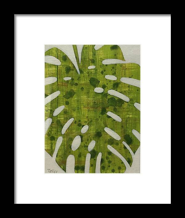 Monstera Green Texture Drop Drip Light Abstract Textile Texture Swiss Cheese Plant Tropical Plant Abstract Blooming Drips Palm Framed Print featuring the painting Monstera Light by Pam Talley