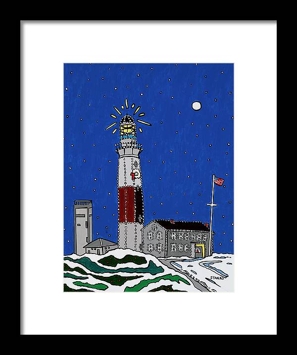 Montauk Lighthouse Christmas Framed Print featuring the painting Montauk Christmas Lights by Mike Stanko