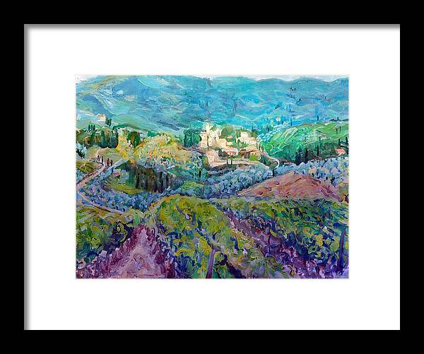 Italy Framed Print featuring the painting Montefiorelle at Dusk by Nancy Shuler