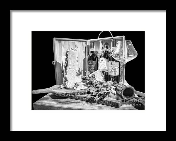 Montepulciano Framed Print featuring the photograph Montepulciano d'Abruzzo red wine and Parmigiano -Tuscany BW by Stefano Senise