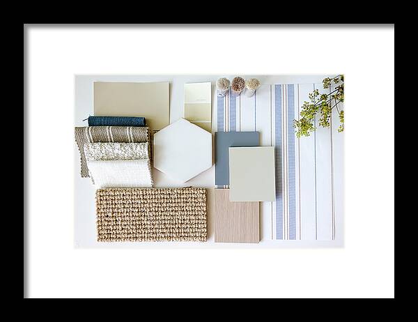Rug Framed Print featuring the photograph Mood board, sample board, and furniture board concept with samples for interior design arranged in a scheme by Nicholas Ahonen