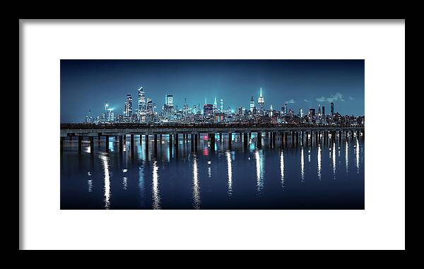 America Framed Print featuring the photograph Moody Pier With Whole Manhattan on It by Val Black Russian Tourchin