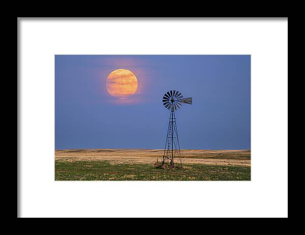 Full Moon Framed Print featuring the photograph Moon and Windmill Twilight by Darren White