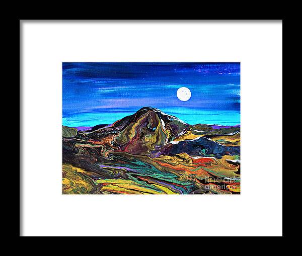 Full Moon Night Scene Landscape Dynamic Colorful Organic Dimensional Dramatic Mountain Framed Print featuring the painting Moon Mountain #6714 A by Priscilla Batzell Expressionist Art Studio Gallery