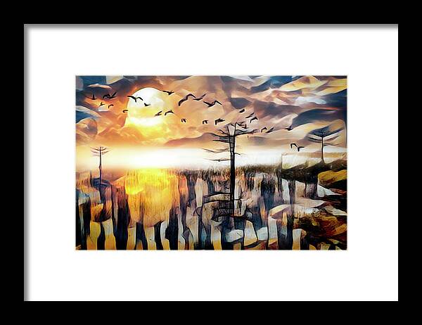 Birds Framed Print featuring the photograph Moon Rise Flight Abstract Painting by Debra and Dave Vanderlaan