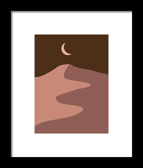 Sand Dunes Framed Print featuring the mixed media Moonlight and Sand Dunes - Desert Landscape - Modern, Minimal, Contemporary Abstract Print - Brown by Studio Grafiikka