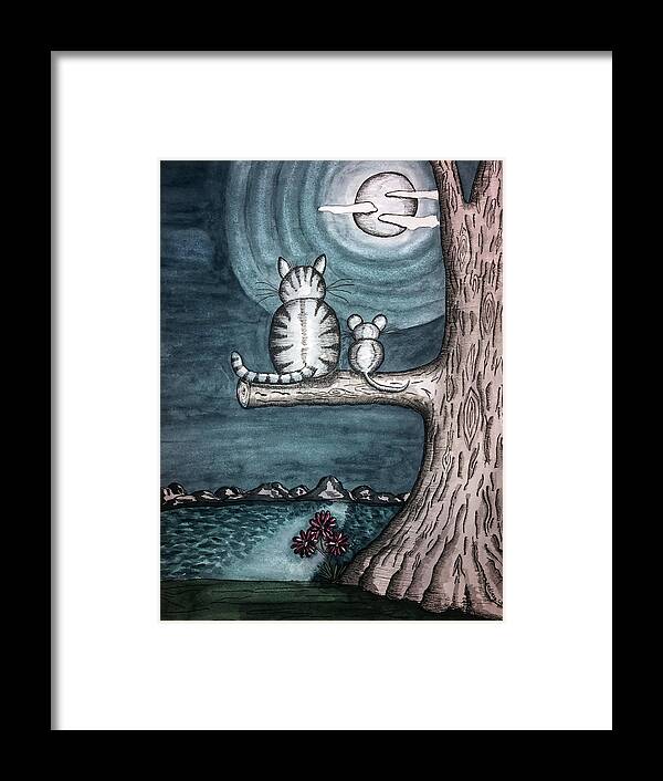 Landscape Framed Print featuring the painting Moonlight Cat and Mouse by Christina Wedberg