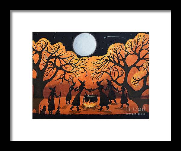 Witch Framed Print featuring the painting Moonlight Ritual  witch cat spell by Debbie Criswell
