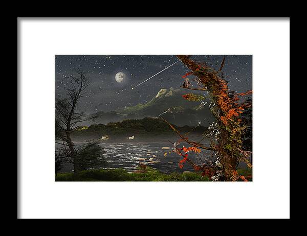 Moonlight Sonata; Night Dark; Moon; Mist; Mountains; River; Fog; Deer; Owl; Shooting Star; Meteor; Starry Sky; Da168 Framed Print featuring the digital art Moonlight Sonata by Mary Almond