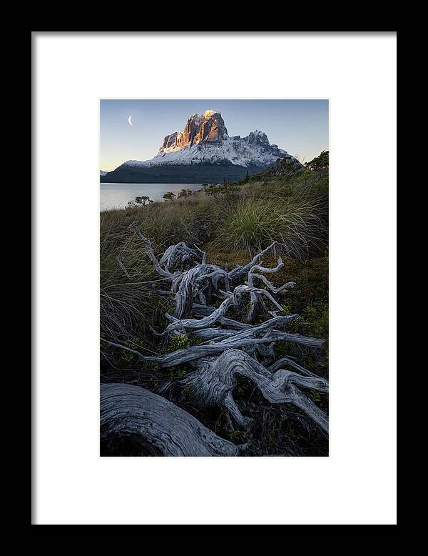 Nature Framed Print featuring the photograph Moonrise in Patagonian Fjords by Steve Berkley