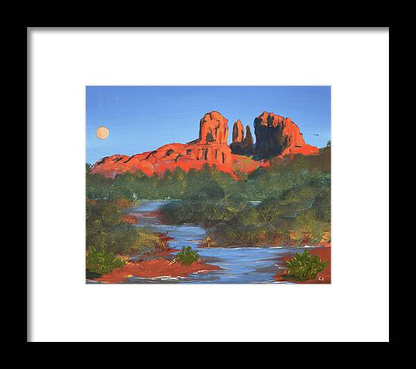 Cathedral Rock Framed Print featuring the painting Moonrise over Cathedral Rock, Sedona by Chance Kafka