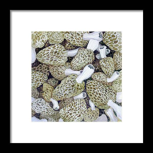 Morels Framed Print featuring the painting Morel Dilemma I by Helen Klebesadel