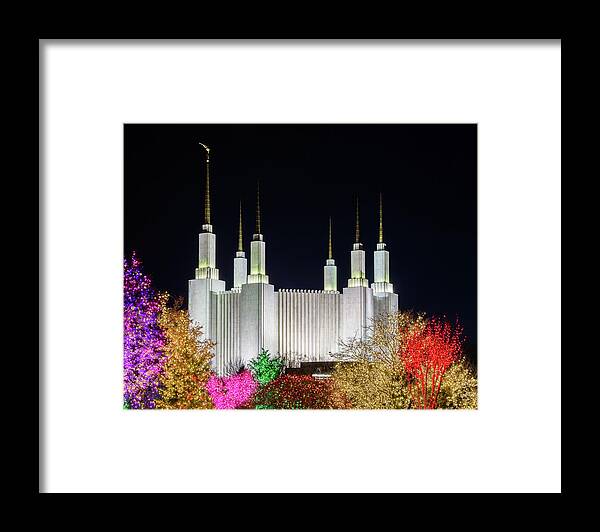Washington Framed Print featuring the photograph Mormon temple in Washington DC with xmas lights by Steven Heap