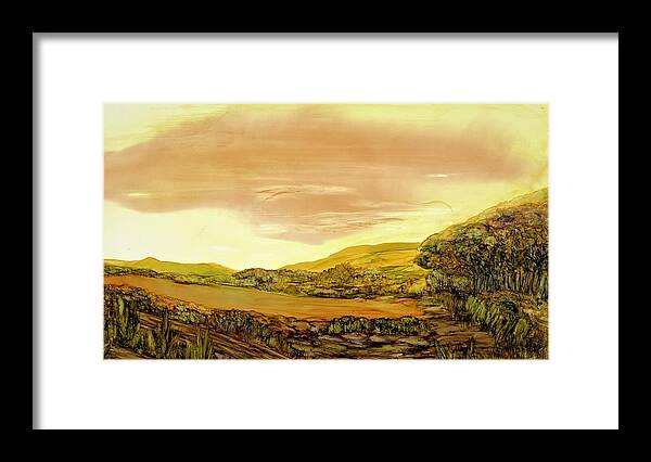 Sun Framed Print featuring the painting Morning at the fence line by Angela Marinari