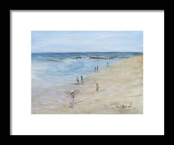 Painting Framed Print featuring the painting Morning Beach Crowd by Paula Pagliughi